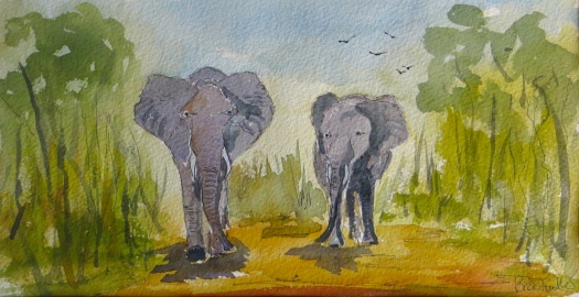 Elephants at Entabeni Golf and Safari. A watercolour by Brian Tucker